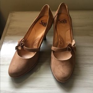 Sofft Tan Suede Mary Jane Heels, Leather 8M